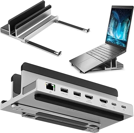 7 Port USB-C 14” Laptop Stand with Dual Display Docking Station, Tablet Holder Hub, Vertical Storage Desk Organizer/HDMI 8K30Hz, USB-A 5Gbps, Ethernet 1Gbps, 100W Power Delivery, Space Gray